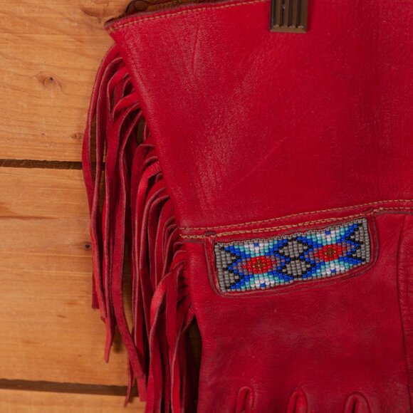 Vintage Handmade Native Style Leather Gauntlet Gloves with Beadwork and Fringe - Picture 4 of 10